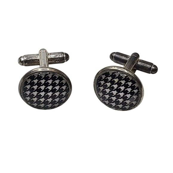 Other - Vintage Houndstooth Pattern Round Cufflinks Black White Silver Tone